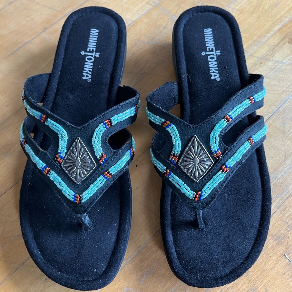 Minnetonka Black and Turquoise Beaded Sandals